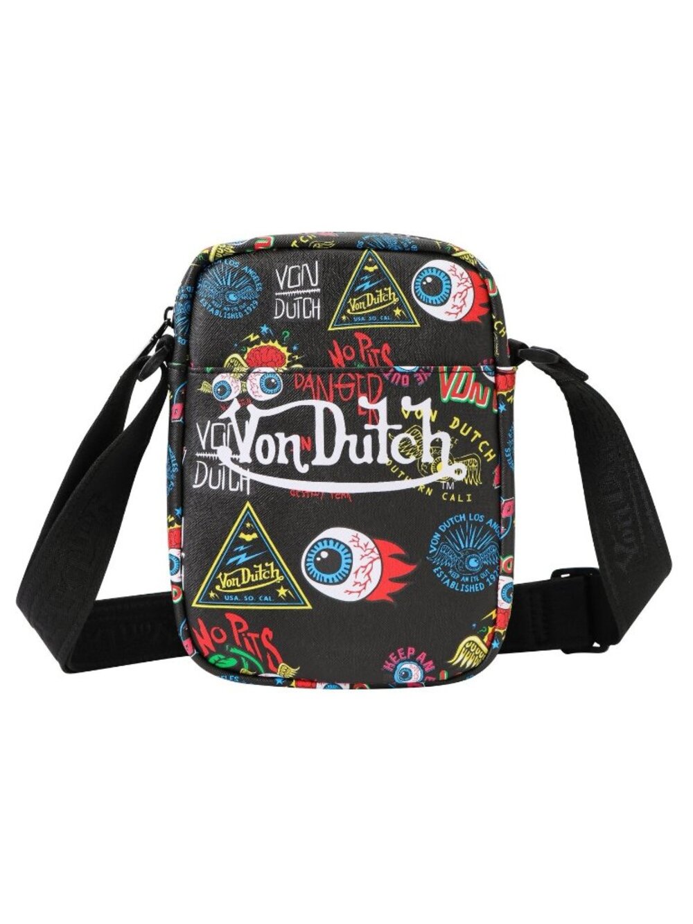 VON DUTCH Jax Crossbody Bag Black FLYING EYEBALL Multi Color Logo NWT